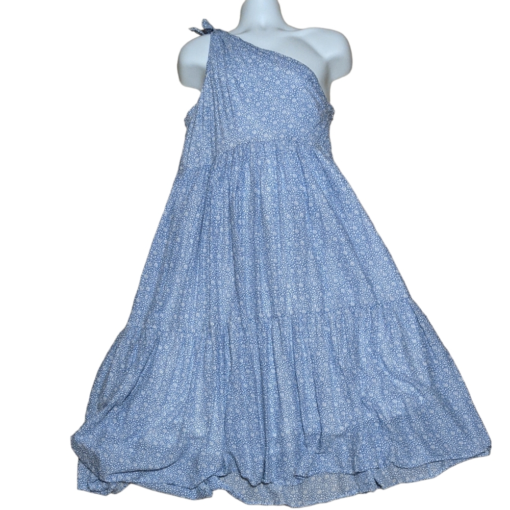 Hatch Iona dress cotton, floral tiered high low hem tie detail one shoulder 3